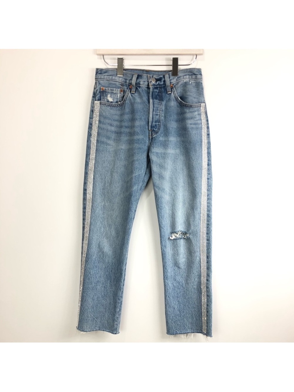Light Wash Straight Jeans with Glitter Side Stripes Rhinestone